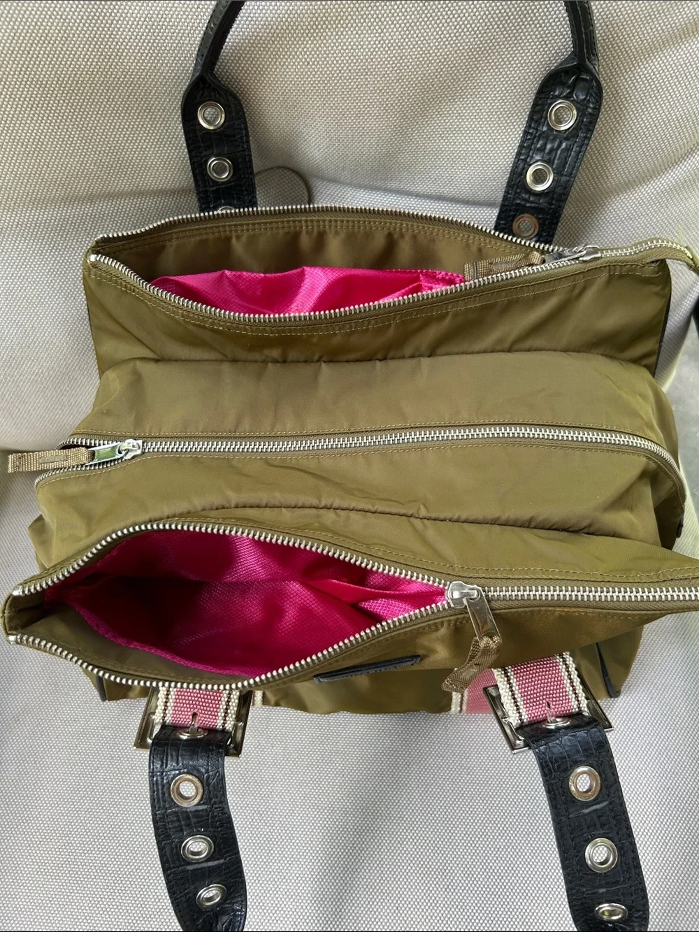 Olive Green Tote with Pink Stripe and Black Trim - Chic Everyday Shoulder Bag